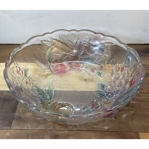 VTG INDIANA GLASS Fruit Bowl With Floral And Fruit Design 12x4”